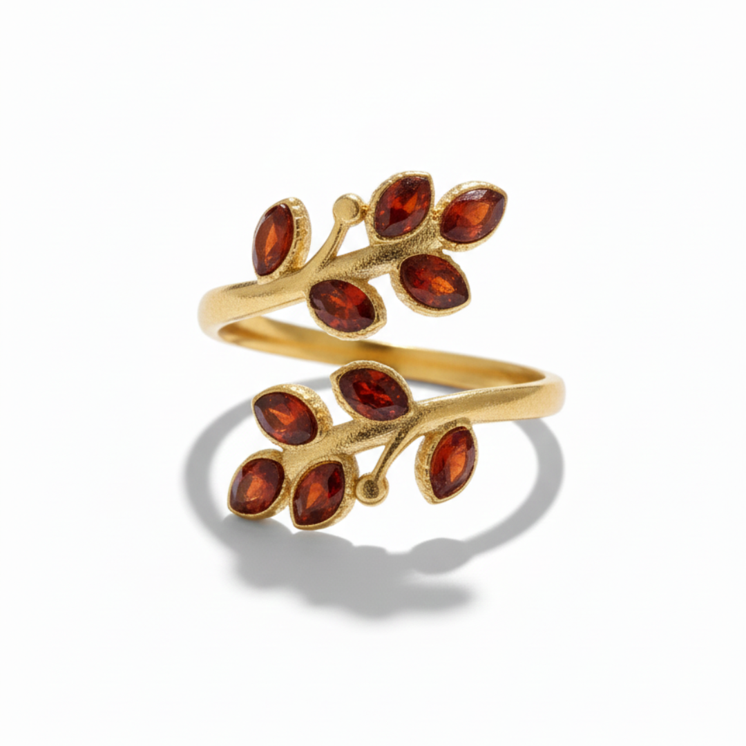 Anillo Avi hoja artesanal metal dorado resina ajustable hecho a mano Espana Hanalima