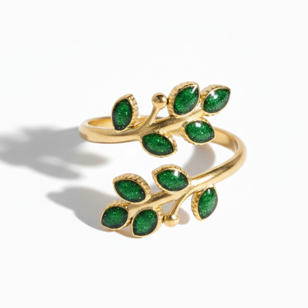 Anillo Avi hoja artesanal metal dorado resina ajustable hecho a mano Espana Hanalima