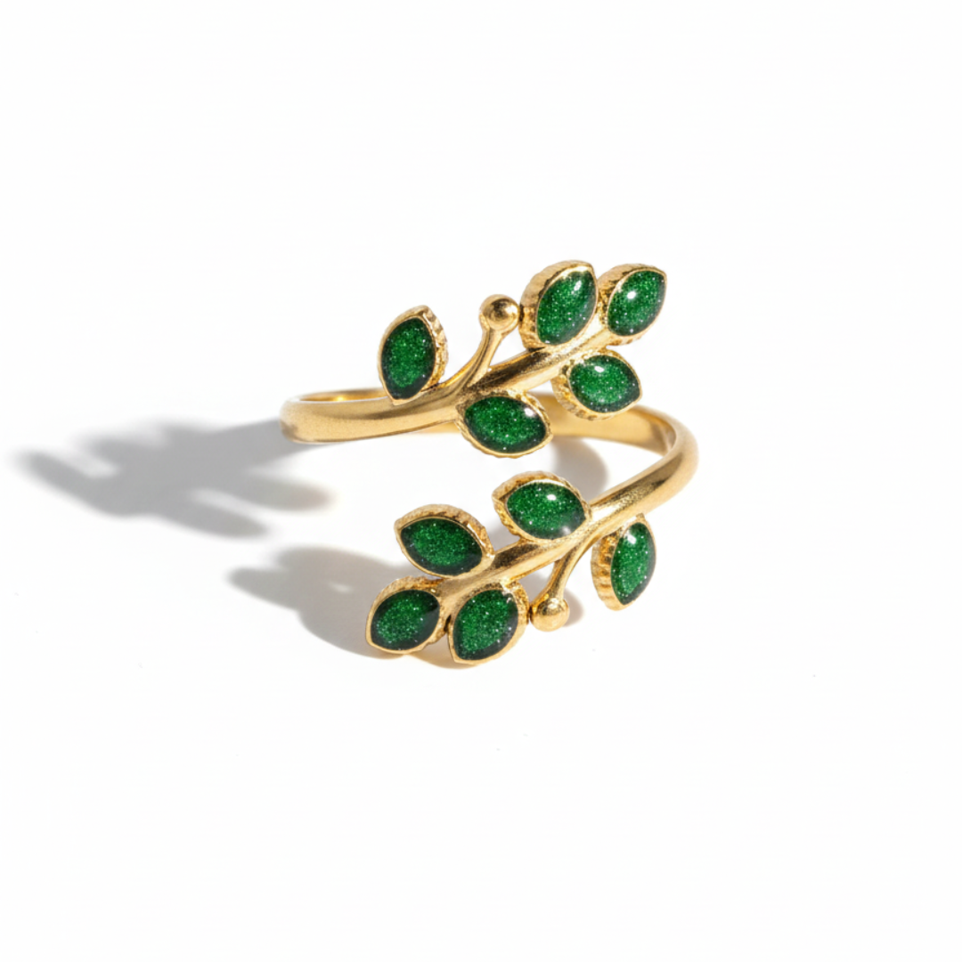 Anillo Avi hoja artesanal metal dorado resina ajustable hecho a mano Espana Hanalima