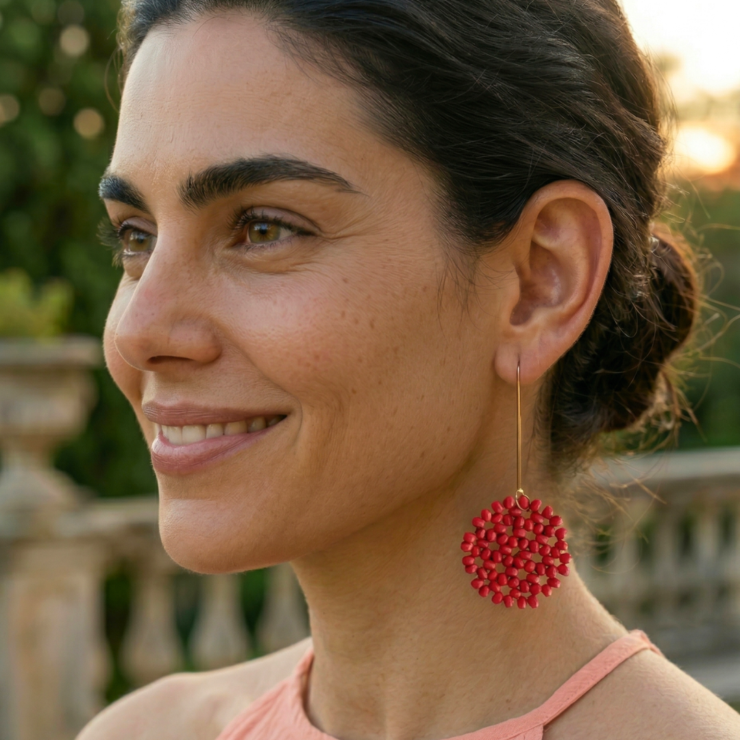 Pendientes Caelia Rojo artesanos largos dorados invitada boda Hanalima