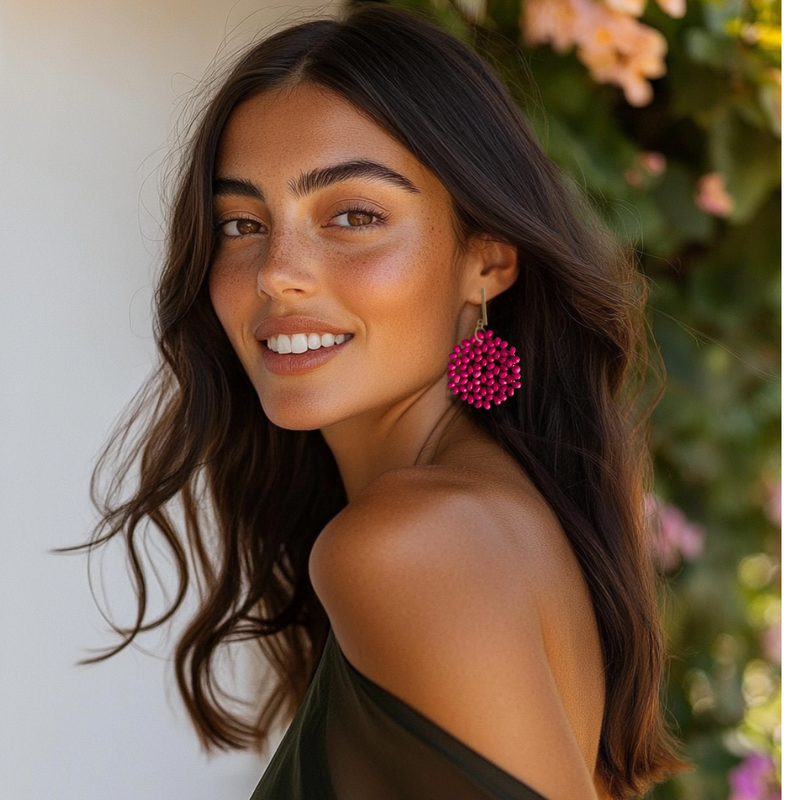 Pendientes Caelia Buganvilla artesanos largos color buganvilla para bodas